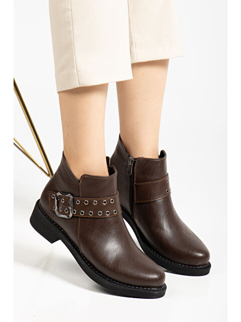 TONNY BLACK Kadın Kahve Cilt Kalın Termo Taban Kemer Toka Detaylı Fermuarlı Bot - S000493810-19413