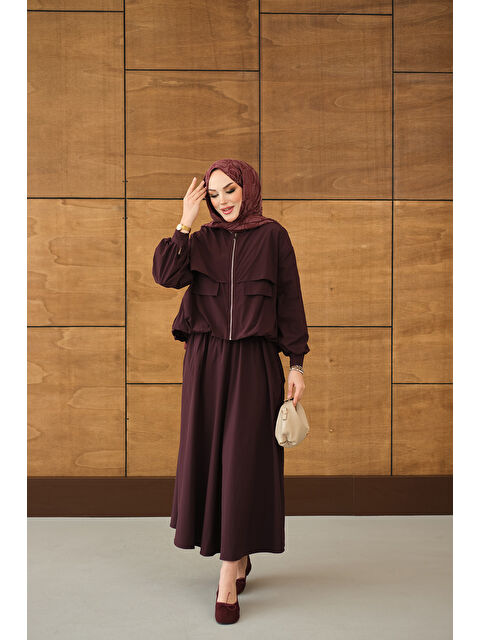 Locco Moda Kadın Çift Cep Görünümlü Fermuarlı Etekli Takım Bordo