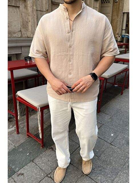 Livio Ferri Mingan Erkek Yazlık Pamuk Gömlek Hakim Yaka kısa kol Düğmeli Rahat Kalıp