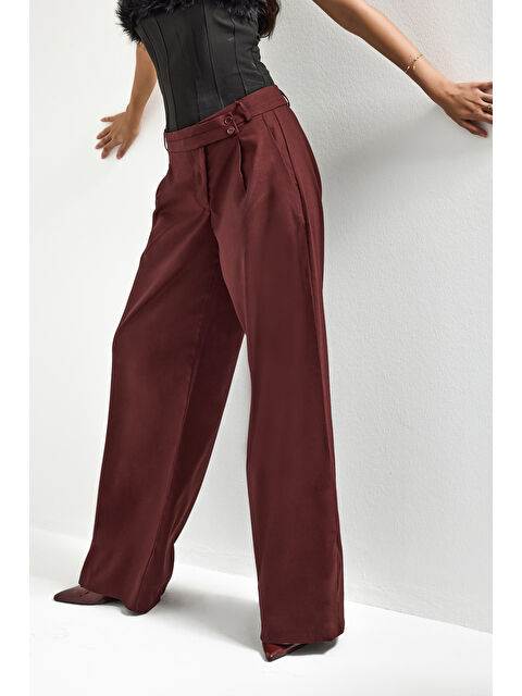 It's Basic Kadın Bordo s6-35 Neptun Kemer Detaylı Palazzo Fit Pileli Pantolon - S000490889-19951