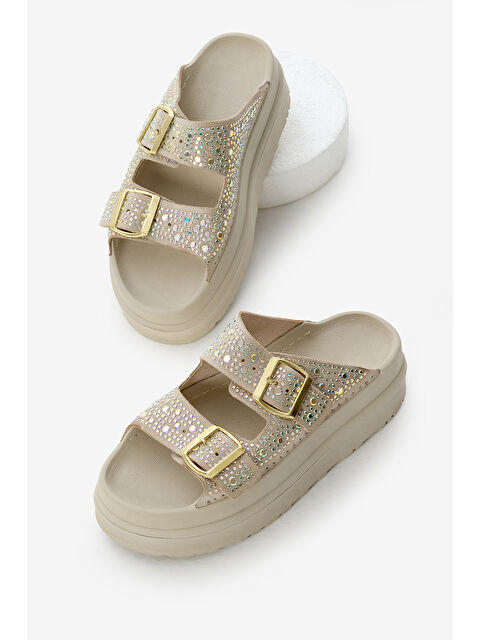 TONNY BLACK Kadın Bej Yüksek Poli Taban Taşlı Çift Bantlı Tokalı Terlik - S000493811-19928