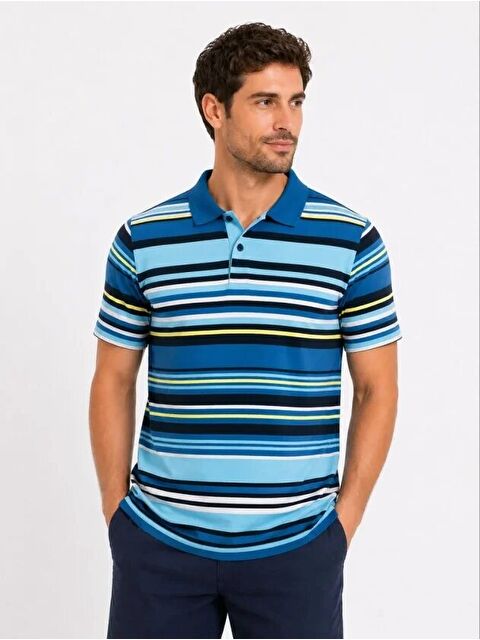 Jane's Erkek Çizgili Polo Yaka Tişört Kısa Kol Yazlık T-Shirt Regular Fit - Mavi