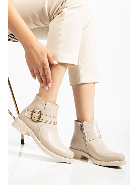 TONNY BLACK Kadın Bej Cilt Kalın Termo Taban Kemer Toka Detaylı Fermuarlı Bot - S000493810-29737