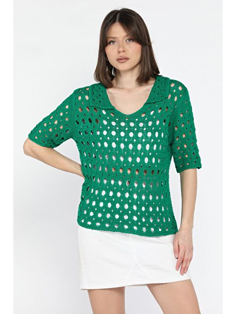 Gülseli Kadın Polo Yaka Ajurlu Mevsimlik Triko Bluz - S000368422-18194