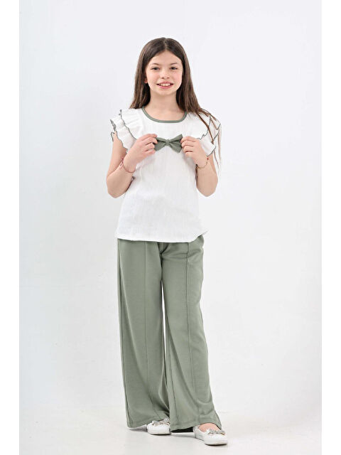 Modanino Kız Çocuk Çift Omuz Fırfırlı ve Fiyonklu Alt -Üst Takım 7-12 Yaş 12571
