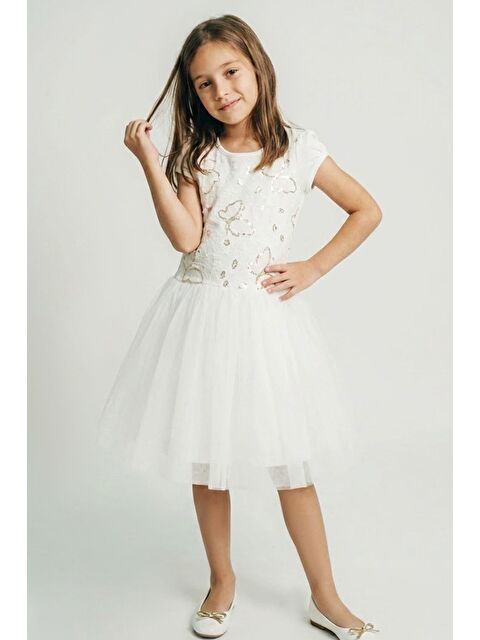 Breeze Kız Çocuk Elbise Pullu Kelebek İşlemeli Tülü Çiçek Detaylı Ekru (6-12 Yaş)