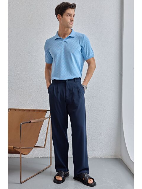 Livio Ferri Onor Erkek Kendinden Desenli Polo Yaka Triko Tişört Geniş Kalıp Hafif Doku