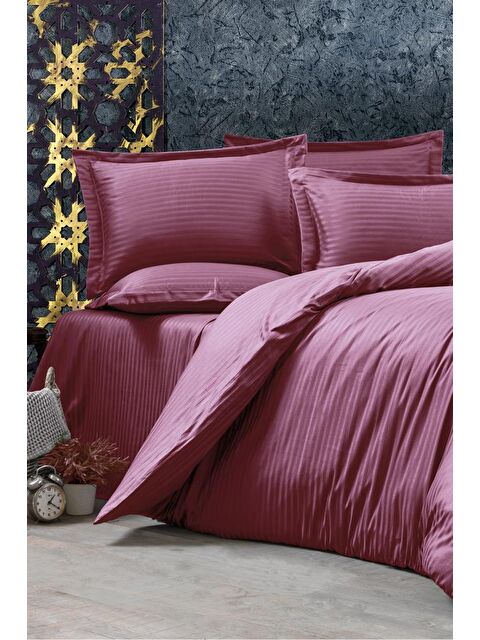 Çeyiz Diyarı Stripe Tek Kişilik PollySaten Nevresim Takımı Mürdüm - S000489453-20036