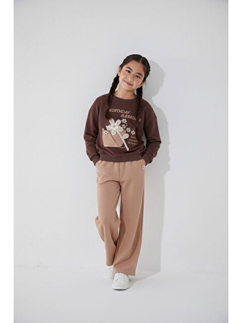 Cansın Mini Kahverengi Papatya Nakış Detaylı Jean Pantolonlu Kız Çocuk 2li Takım 23514 - S000500187-19413