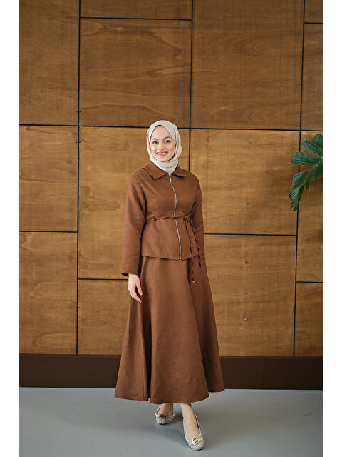 Locco Moda Kadın Nubuk Detay Bel Bağlamalı Takım Taba - S000492445-14955