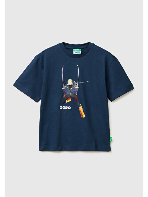 United Colors Of Benetton Erkek Çocuk Koyu Lacivert Önü ve Arkası One Piece Baskılı Bisiklet Yaka T-Shirt