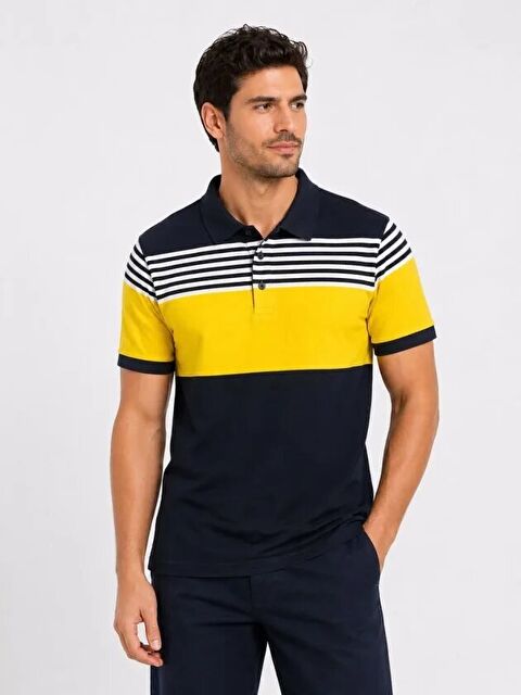 Jane's Erkek Pike Kumaş Çizgili Polo Yaka Tişört Kısa Kol Yazlık T-Shirt - Lacivert