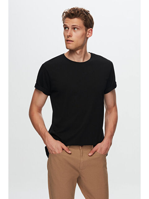 D'S damat Slim Fit Siyah Bisiklet Yaka %100 Pamuklu Nefes Alabilen T-Shirt - S000398489-19351