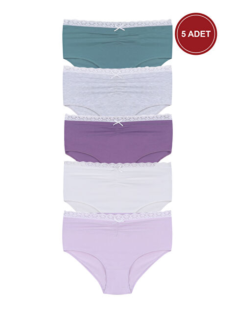 Koza İç Giyim Kadın 5'li Pamuklu Ön Bel Dantelli Büzgülü ve Fiyonklu Yüksel Bel Külot - S000530791-1400