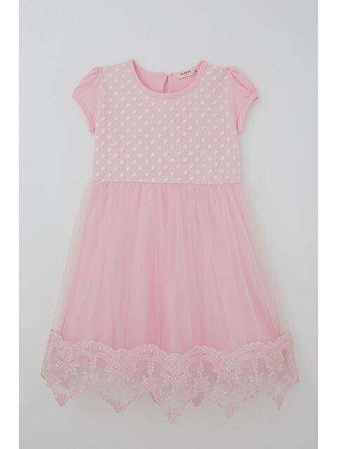 Breeze Kız Çocuk Elbise Vintage Dantel Detaylı Tüllü Çiçek Desenli  Pembe (4-9 Yaş)