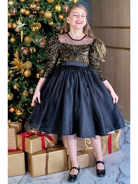 Riccotarz Kız Çocuk Kayık Yaka Şeffaf Tül ve Göğsü Kadife Pul Detaylı Eteği Kabarık Balon Kol Siyah Abiye - S000488405-19351