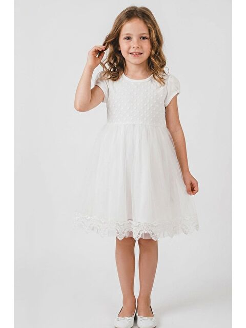 Breeze Kız Çocuk Elbise Vintage Dantel Detaylı Tüllü Çiçek Desenli  Ekru (4-9 Yaş)