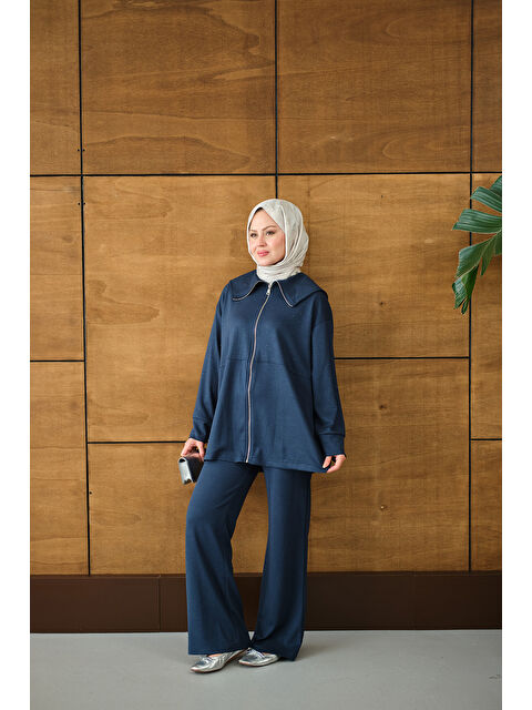 Locco Moda Kadın Gemici Yaka Taşlı Takım Lacivert - S000492433-21164