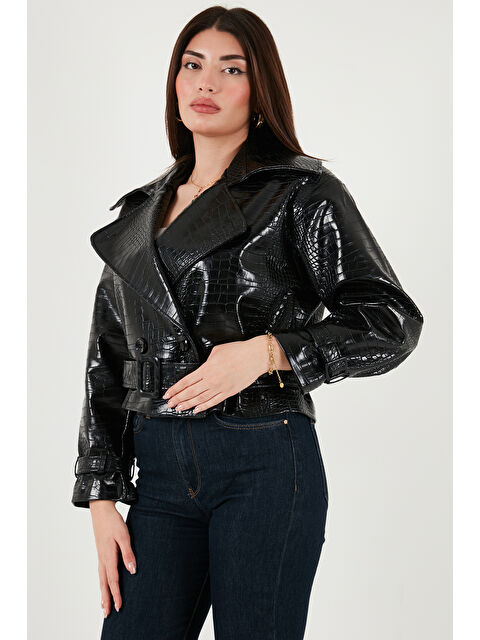 Lela Krokodil Oversize Fit Kruvaze Yaka Kemer Detaylı Deri Ceket 6839632 - S000466049-19351