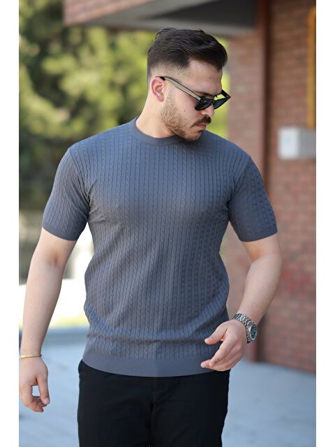 Jane's Erkek Bisiklet Yaka örgü Desenli Kısa örme Triko Kısa Kollu T-shirt - S000528582-33408