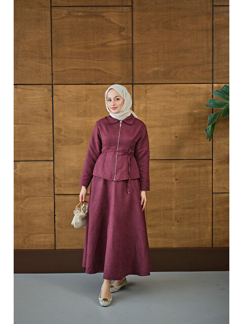 Locco Moda Kadın Nubuk Detay Bel Bağlamalı Takım Bordo - S000492445-19951