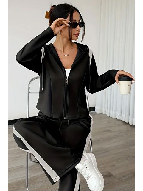 Gülseli Kadın Şerit Detaylı Kapüşonlu Sweat Bel Lastikli Palazzo Pantolon İkili Takım - S000470245-19351