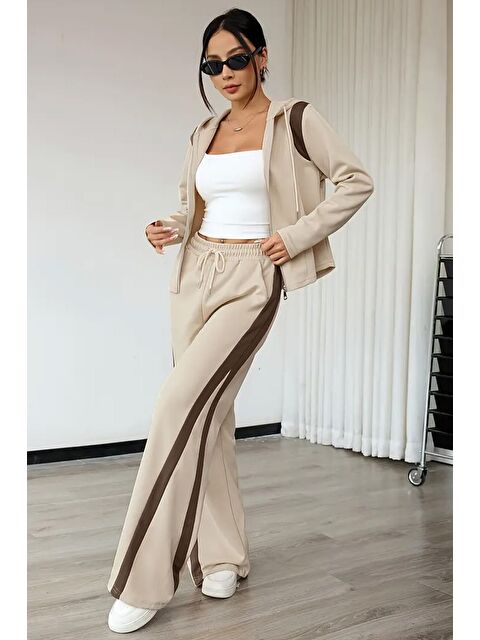 Gülseli Kadın Şerit Detaylı Kapüşonlu Sweat Bel Lastikli Palazzo Pantolon İkili Takım - S000470245-25636