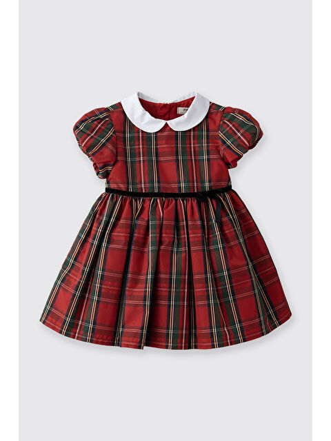 Panço Kız Bebek Bebe Yaka Fiyonk Detaylı Kısa Kollu Ekoseli Kırmızı Parti Elbisesi - S000486144-20045