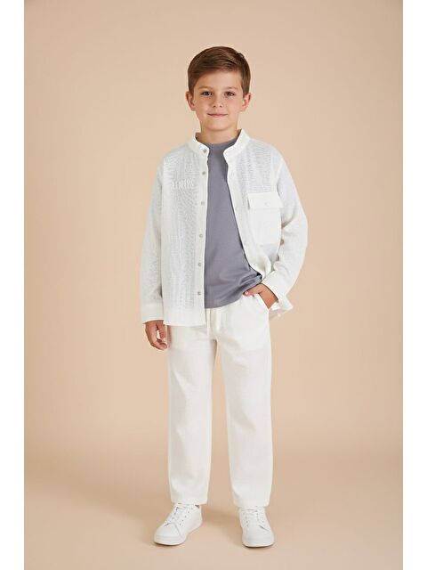 Cansın Mini Ekru Keten Gömlekli Pantolonlu Erkek Çocuk 3lü Alt Üst Takım 23575 - S000518889-19965