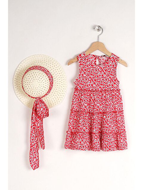 Zepkids Bisiklet Yaka Çiçek Desenli Katlı Şapka Aksesuarlı Kız Çocuk Elbise - S000355424-20045