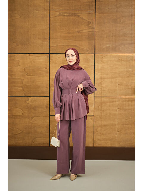 Locco Moda Kadın Kemer Detaylı Bisiklet Yaka Takım Gül Kurusu - S000527066-20028