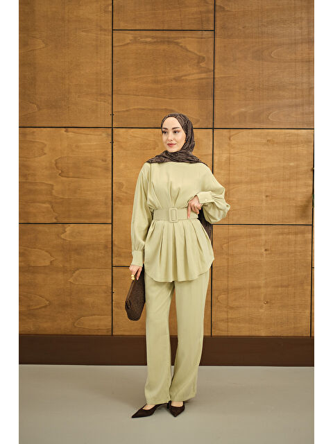 Locco Moda Kadın Kemer Detaylı Bisiklet Yaka Takım Açık Yeşil - S000527066-29488