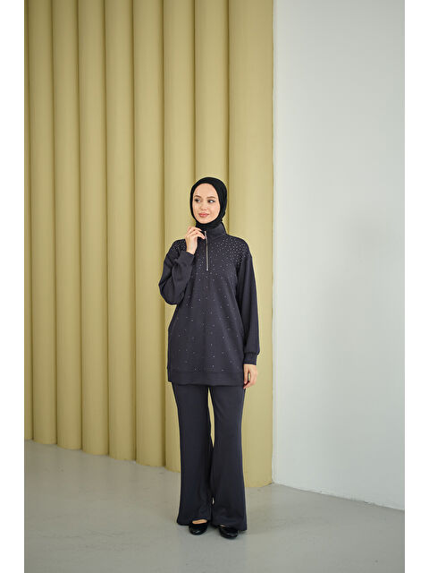 Locco Moda Kadın Yarım Fermuarlı Taşlı Takım Füme - S000492426-33408