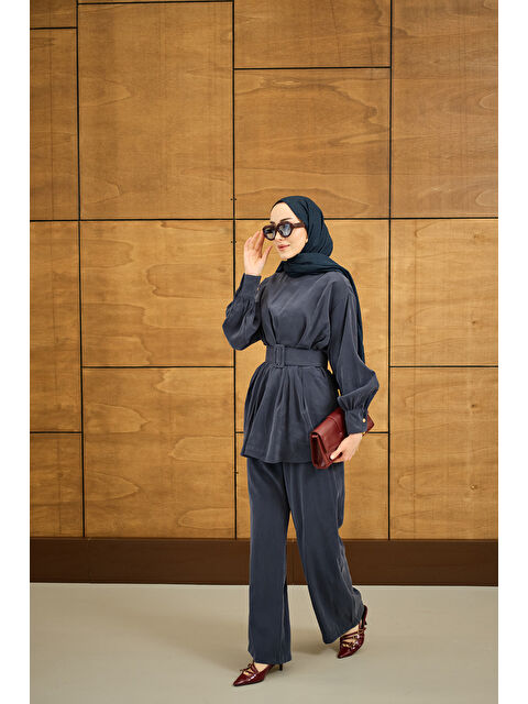 Locco Moda Kadın Kemer Detaylı Bisiklet Yaka Takım İndigo Mavi - S000527066-23093