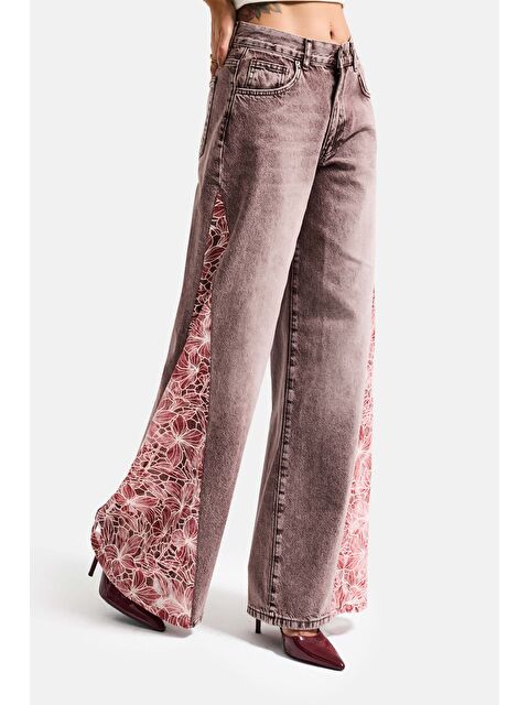 It's Basic Kadın Jean Rengi 4s6-157 Palazzo Fit Gül Dantel Detaylı Özel Tasarım Denim Jean - S000508337-17234