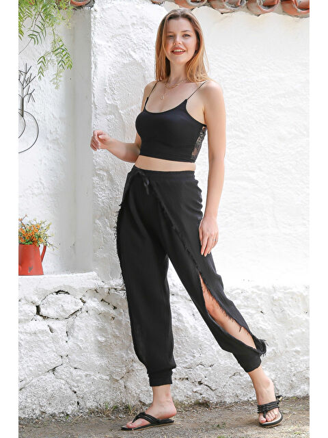 Chiccy Organik Pamuk Siyah Dokuma Lastikli Ve Bağlamalı Bel Yanları Açık Paça Casual Pantolon - S000358989-19351