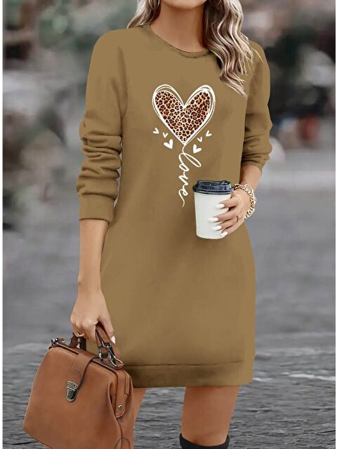 Jane's Kadın Uzun Kollu Bisiklet Yaka Kalp Desenli Kısa Viskon Elbise - S000527601-19928