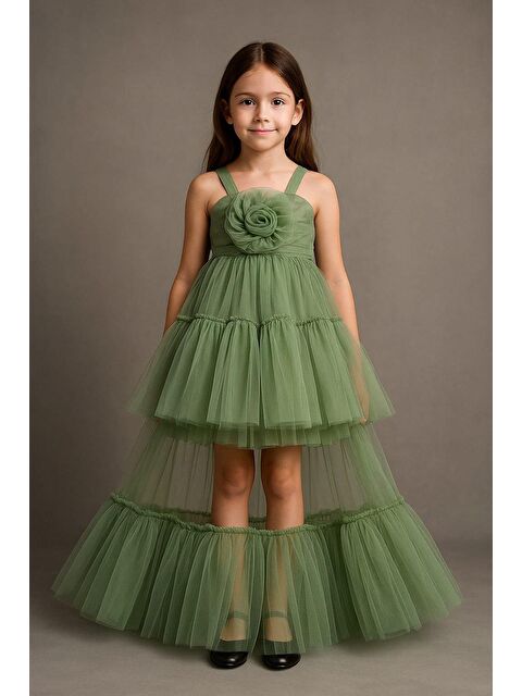 Magu Kız Çocuk Yeşil Tül Çiçek Aplikeli Abiye Elbise - S000407484-18194