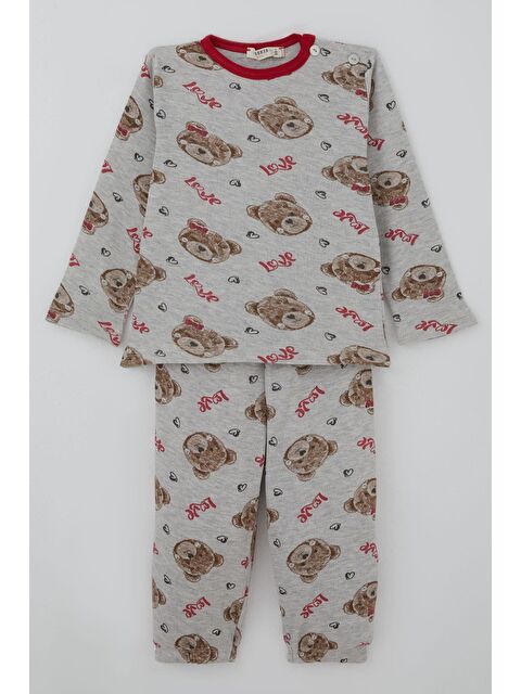 Breeze Kız Bebek Pijama Takımı Sevgi Temalı Fiyonklu Ayıcık Desenli Açık Gri Melanj (9 Ay-3 Yaş) - S000527067-17308