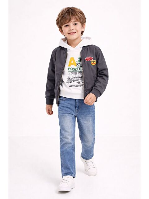 Cansın Mini Gri Nakışlı Ceketli Jean Pantolonlu Erkek Çocuk Kapüşonlu 3lü Takım 23524 - S000504753-20600