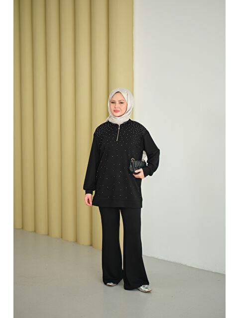 Locco Moda Kadın Yarım Fermuarlı Taşlı Takım Siyah - S000492426-19351