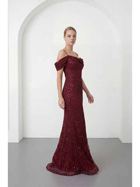 Lafaba Kadın Bordo İnce Askılı Boncuklu Uzun Söz Nişan Abiye Elbise