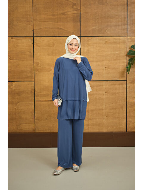 Locco Moda Kadın Alt Piliseli Bisiklet Yaka Takım İndigo Mavi - S000527069-23093