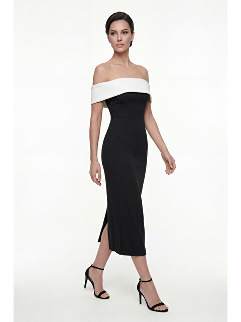 Lafaba Kadın Siyah Kayık Yaka Midi Kalem Davet Elbisesi