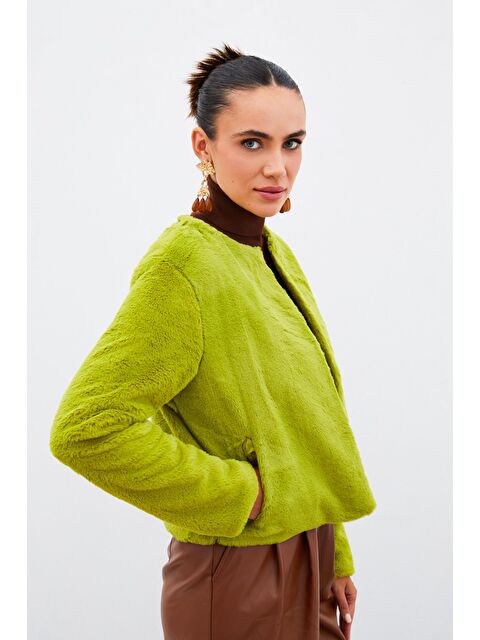 SATEEN Yakasız Pelüş Ceket - Yeşil - S000323599-18194
