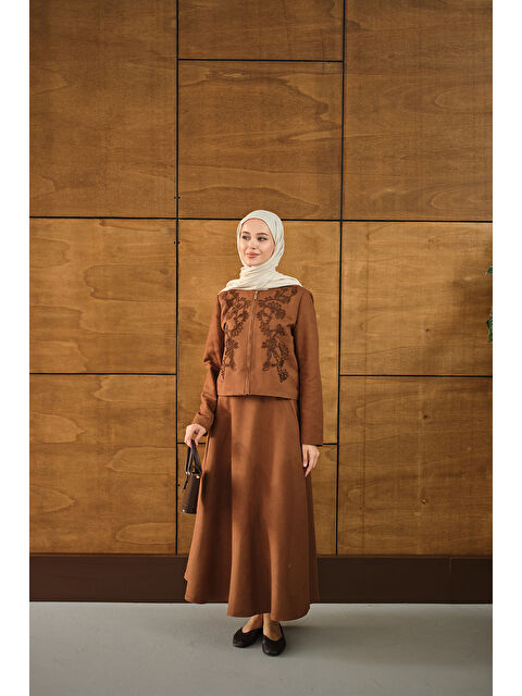 Locco Moda Kadın Nakışlı Nubuk Detay Takım Kahverengi - S000492531-19413