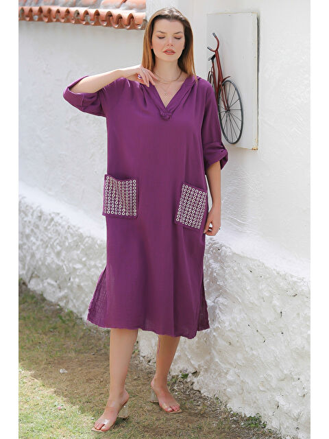 Chiccy Mor Kapüşonlu Düğmeli Uzun Kollu Cepli Yırtmaçlı Troklu Dokuma Casual Elbise - S000358991-20042