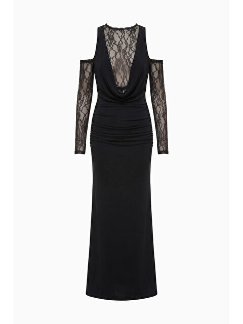 Lafaba Kadın Siyah Dantel Detaylı Derin Degaje Yaka Abiye & Mezuniyet Elbisesi