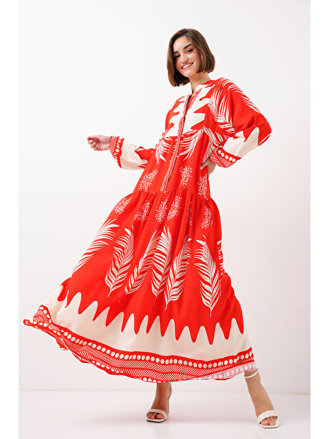 Bigdart 2423 Otantik Desenli Tesettür Elbise - M. Kırmızı