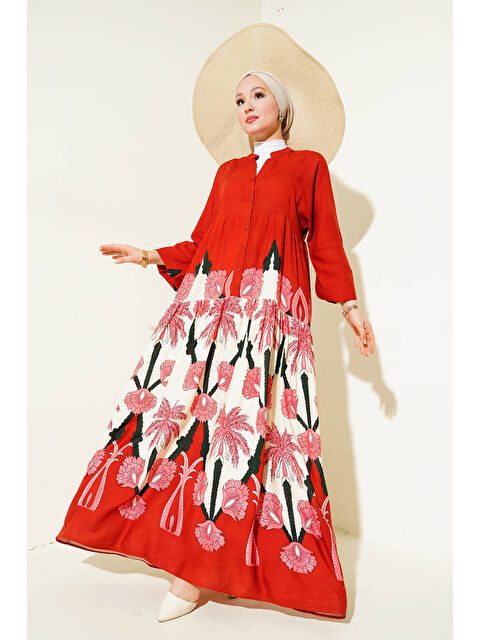 Bigdart 2423 Otantik Desenli Tesettür Elbise - F.Bordo - S000273939-97